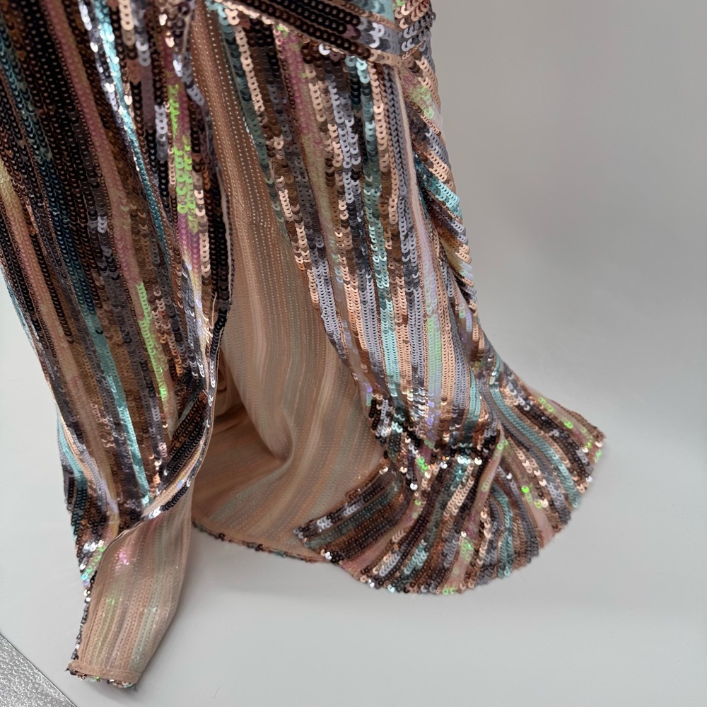 RIXO London Sequin Stripe Wrap Dress Sz SP Rose Gold Long Slv Glam Formal - Picture 6 of 7